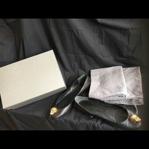 Alexander McQueen- Italian, black leather w/gold skulls, women’s shoes